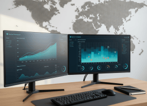 Risk indicators and business dashboards displayed in a modern virtual consultancy workspace.