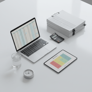 Organized accounting and audit workspace with financial reports and risk review tools.