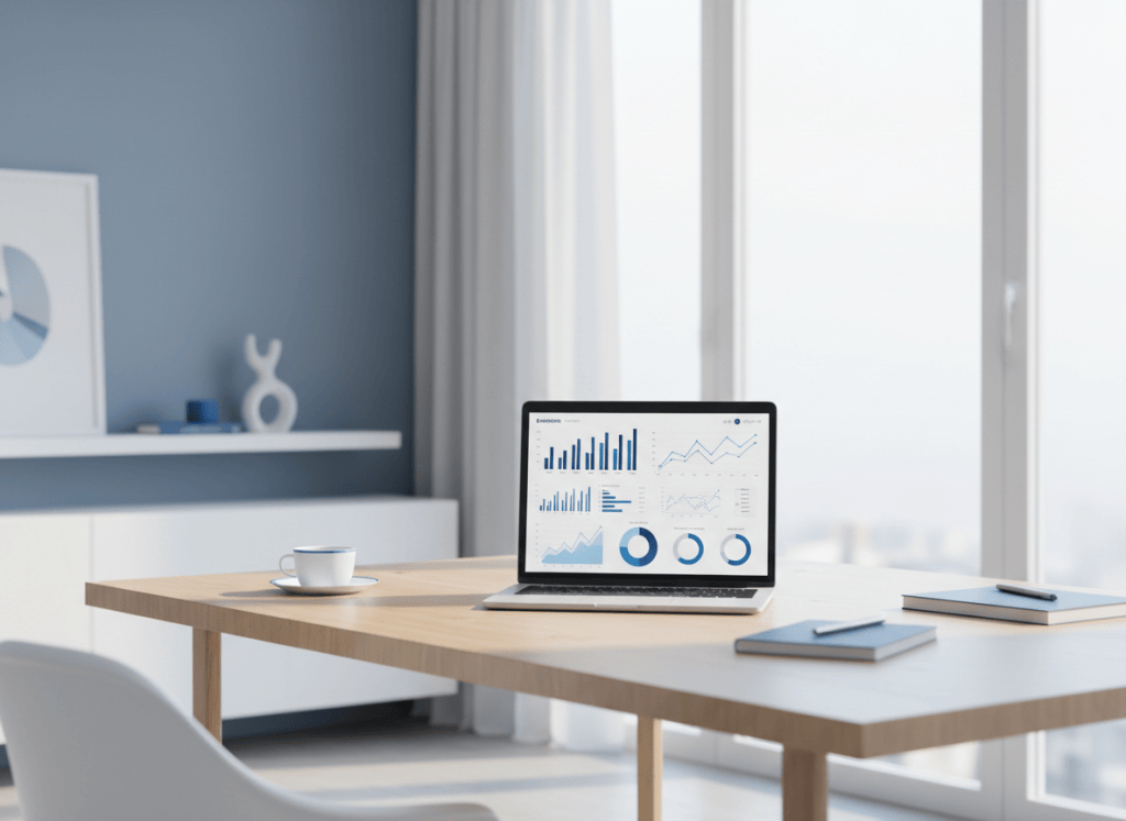 A premium consultancy workspace with financial dashboards, charts and a modern business environment.