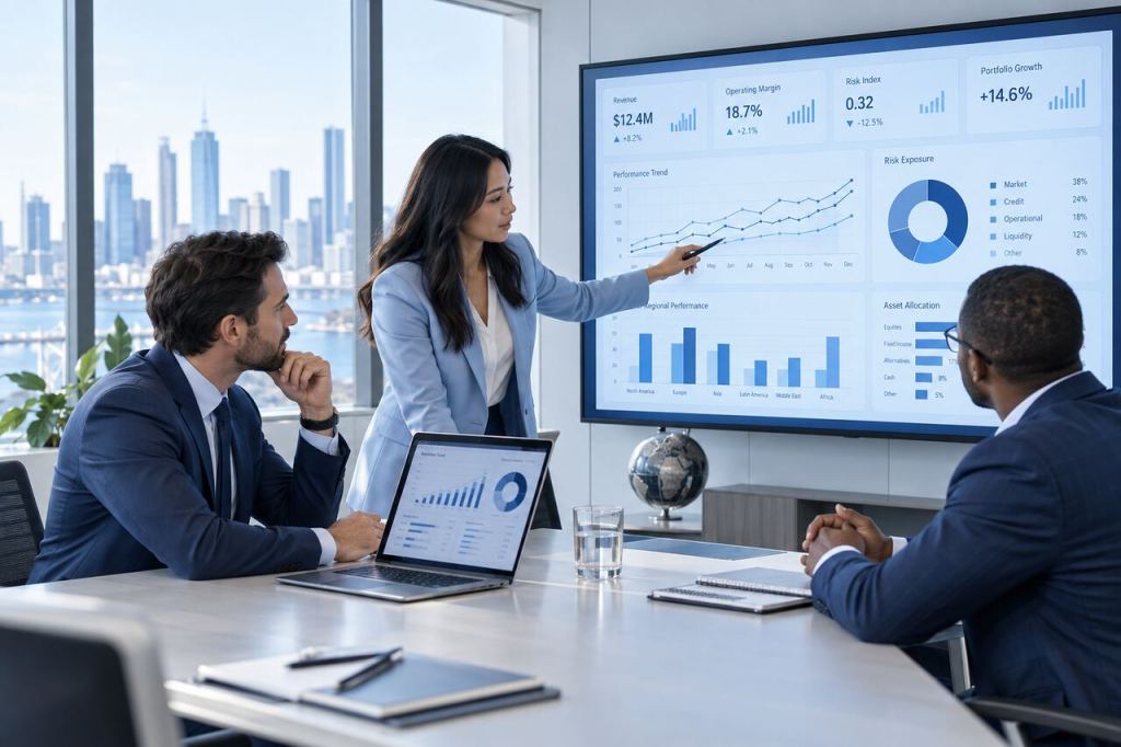 Business professionals reviewing financial performance, risk indicators and management dashboards in a modern office.