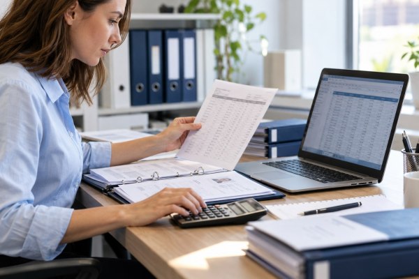 Human resources specialist verifying employee attendance records and payroll calculations.