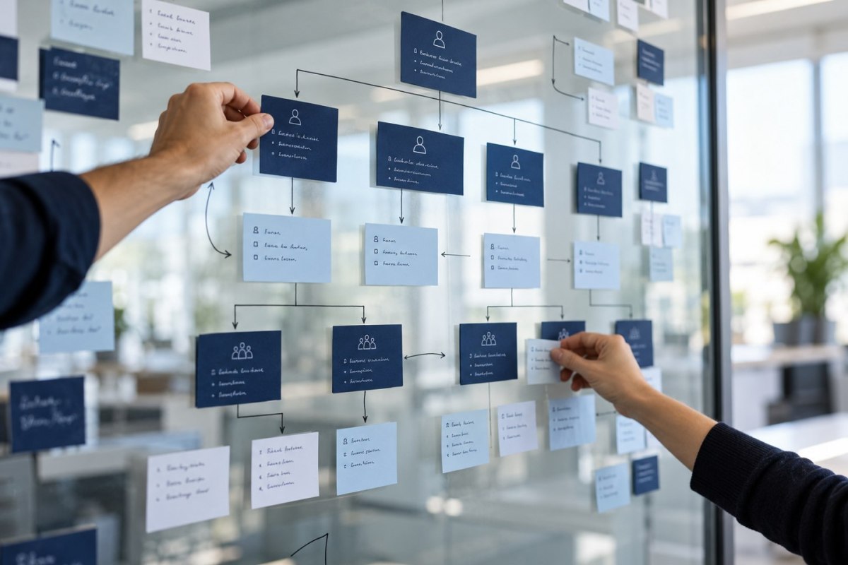 Manager arranging department role cards and reporting lines on a planning board.