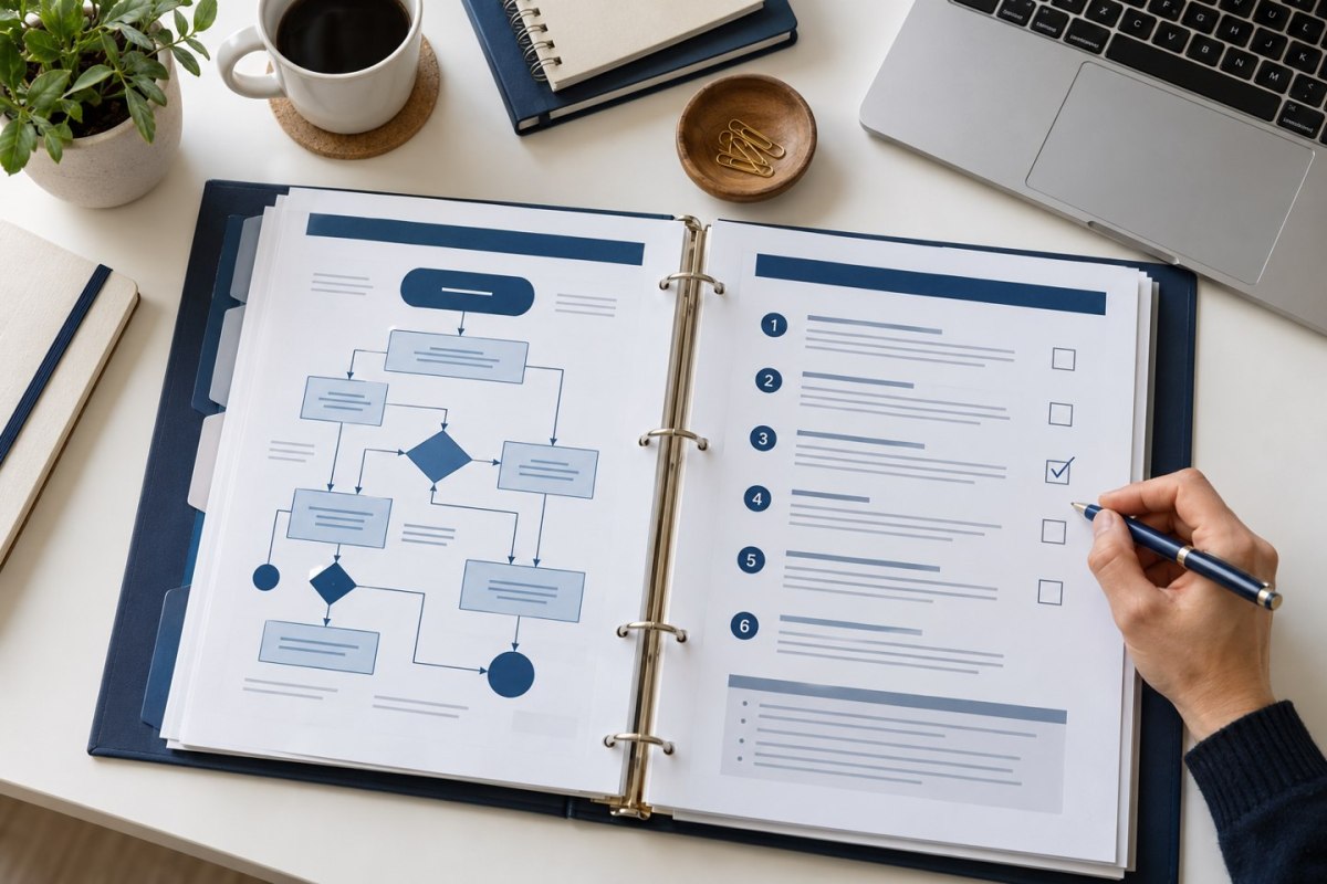 Process map, standard operating procedure binder and step-by-step checklist.